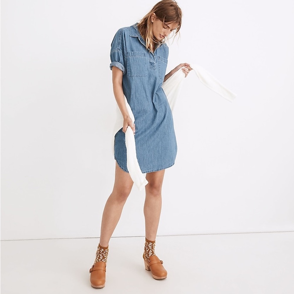 Madewell Denim Short-Sleeve Popover Shirtdress in Waltham Wash NWT